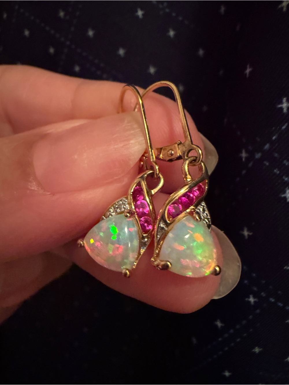 STERLING SILVER OPAL & RUBY DANGLE EARRINGS,  gorgeous! vintage